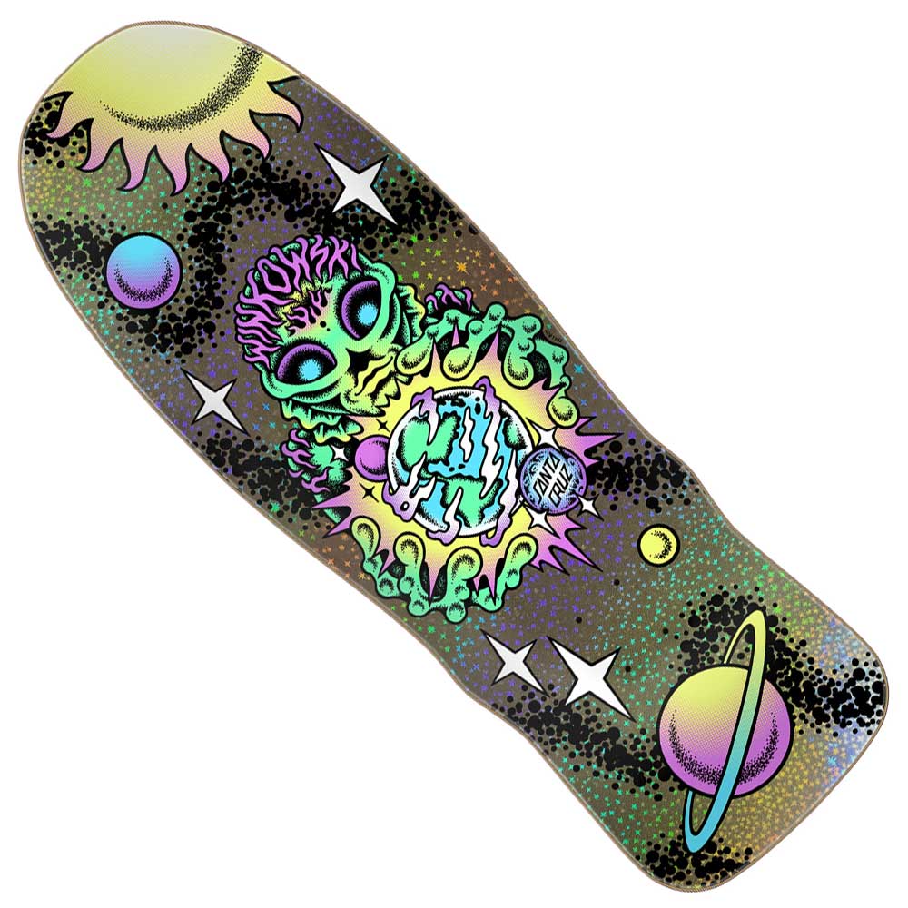 The Winkowski Cosmic Pro Shaped 10.35in x 30.54in Santa Cruz Deck features vibrant cosmic art with a green alien holding a glowing Earth, surrounded by stars, planets, and a bright sun on a colorful background.