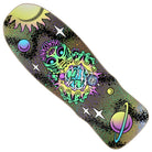 The Winkowski Cosmic Pro Shaped 10.35in x 30.54in Santa Cruz Deck features vibrant cosmic art with a green alien holding a glowing Earth, surrounded by stars, planets, and a bright sun on a colorful background.