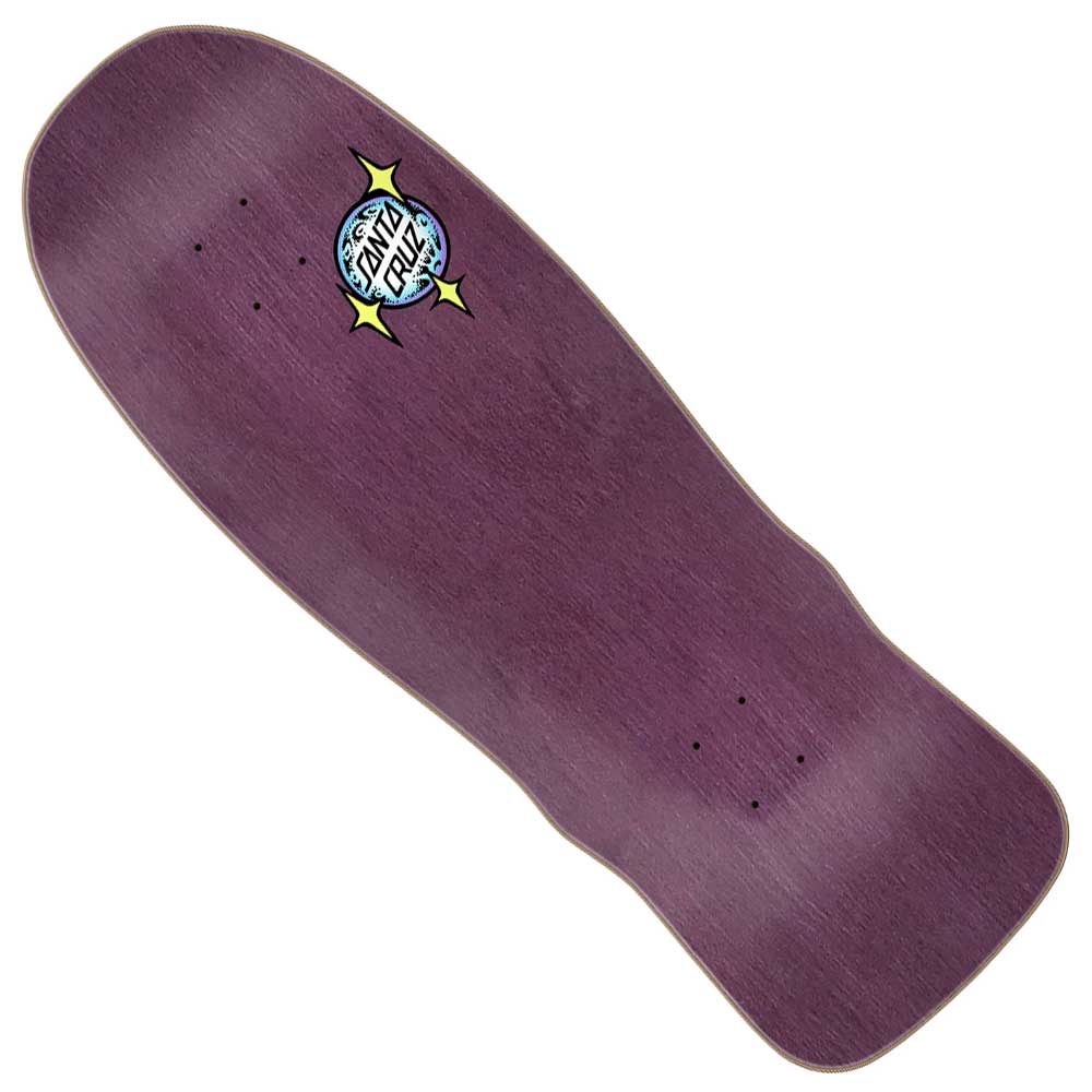 The Winkowski Cosmic Pro Shaped 10.35in x 30.54in Deck from Santa Cruz features a wide, retro design in purple with a white, black, and yellow Cosmic logo near the top center plus pre-drilled truck holes and a slight kicktail.