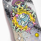 A vibrant, psychedelic alien holds a glowing planet on the Winkowski Cosmic Pro Shaped 10.35in x 30.54in Santa Cruz Deck, with stars, sparkles, and the classic Santa Cruz Skateboards logo in the metallic artwork.