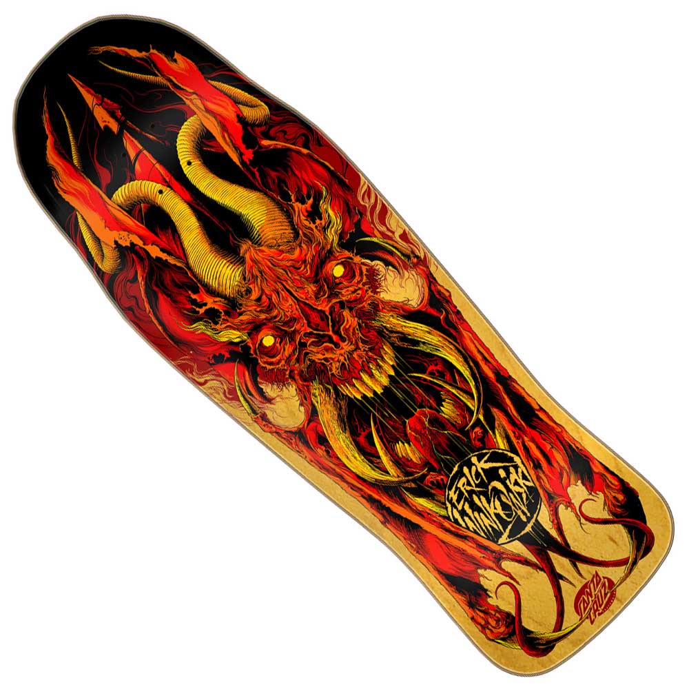 The Winkowski Primeval Pro Shaped 10.34in x 30.54in Santa Cruz Deck showcases vivid red, yellow, and black artwork of a fiery demonic creature with sharp horns and glowing eyes, plus Black Label text by the tail.