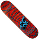 The Wired Flame Dot 7 Ply Birch 8.25in x 31.8in Santa Cruz Skateboard Deck is red with a blue barbed wire spiral and a blue flame-style Santa Cruz logo in the center.