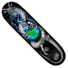 The Wooten Calamity VX Deck 8.5in x 32.2in by Santa Cruz Skateboards features robotic hands holding a glowing blue-green orb with electric lightning on a black background with silver and blue accents, plus the iconic Santa Cruz logo in white at the bottom.
