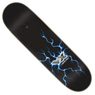 The Wooten Calamity VX Deck 8.5in x 32.2in from Santa Cruz Skateboards features bold blue lightning bolts and a silver and black “Santa Cruz” logo, creating a dynamic look on its sleek black background.