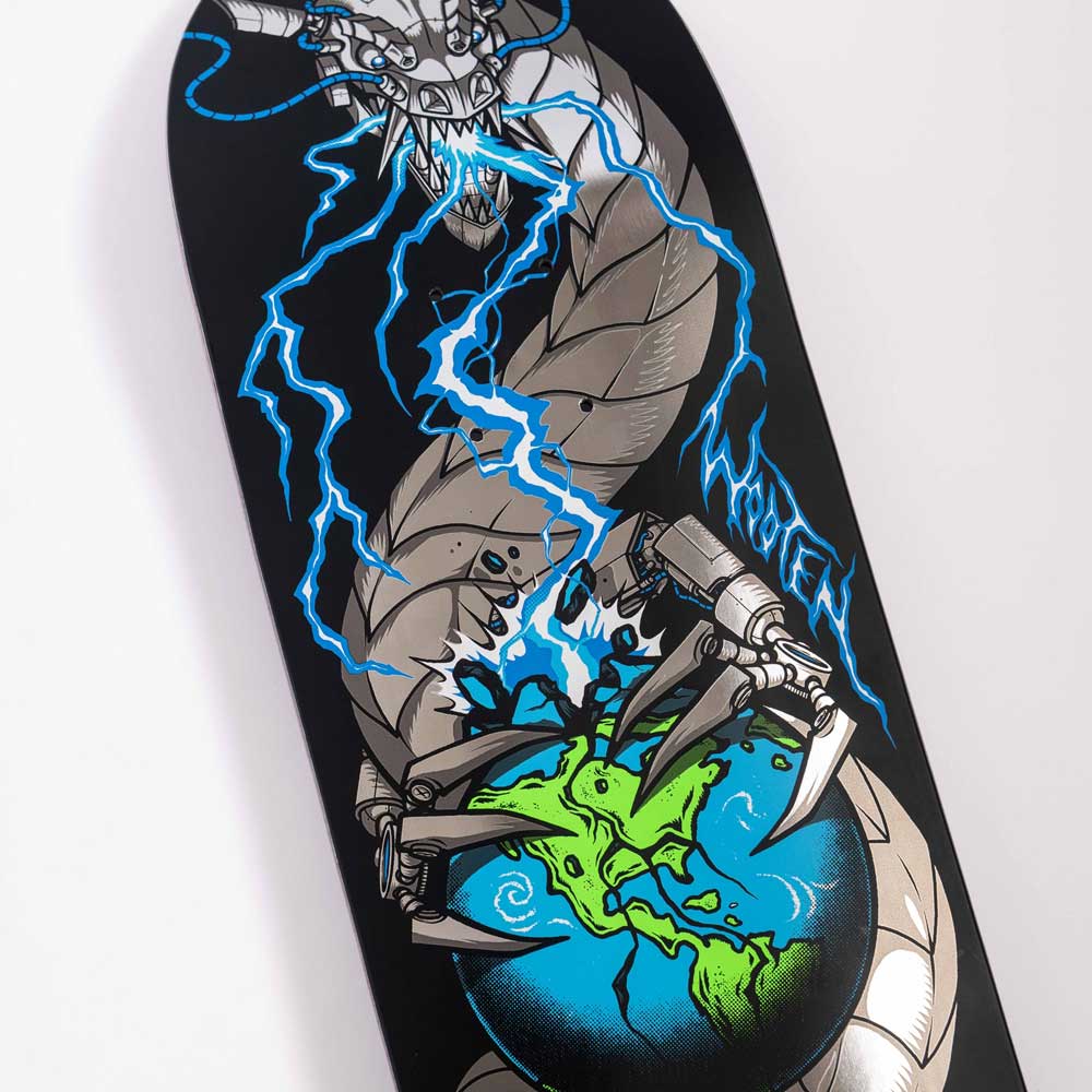 The Wooten Calamity VX Deck 8.5in x 32.2in by Santa Cruz Skateboards showcases a mechanical dragon clutching Earth, blue lightning, and "WRATH" in stylized text on its graphic design.