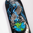 The Wooten Calamity VX Deck 8.5in x 32.2in by Santa Cruz Skateboards showcases a mechanical dragon clutching Earth, blue lightning, and "WRATH" in stylized text on its graphic design.