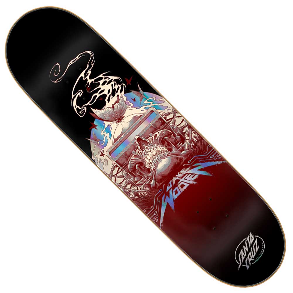 The Wooten Cyber VX Deck 8.5in x 32.2in from Santa Cruz Skateboards showcases a bold graphic of a helmeted skull encircled by blue lightning and topped with a swirling black and white design. Built with advanced VX TRI-X technology for exceptional durability and performance, this deck features vivid black, red, blue, and white colors, finished off with the classic Santa Cruz logo in white at the tail.