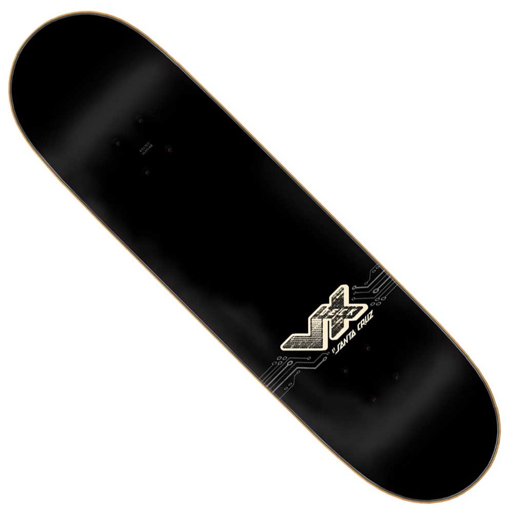 A black Wooten Cyber VX Deck (8.5in x 32.2in) from Santa Cruz Skateboards featuring a gold circuit design and the words “JAVA GIRL” printed near one end. Made with VX TRI-X technology, the rest of the deck is plain black without any additional graphics or text.