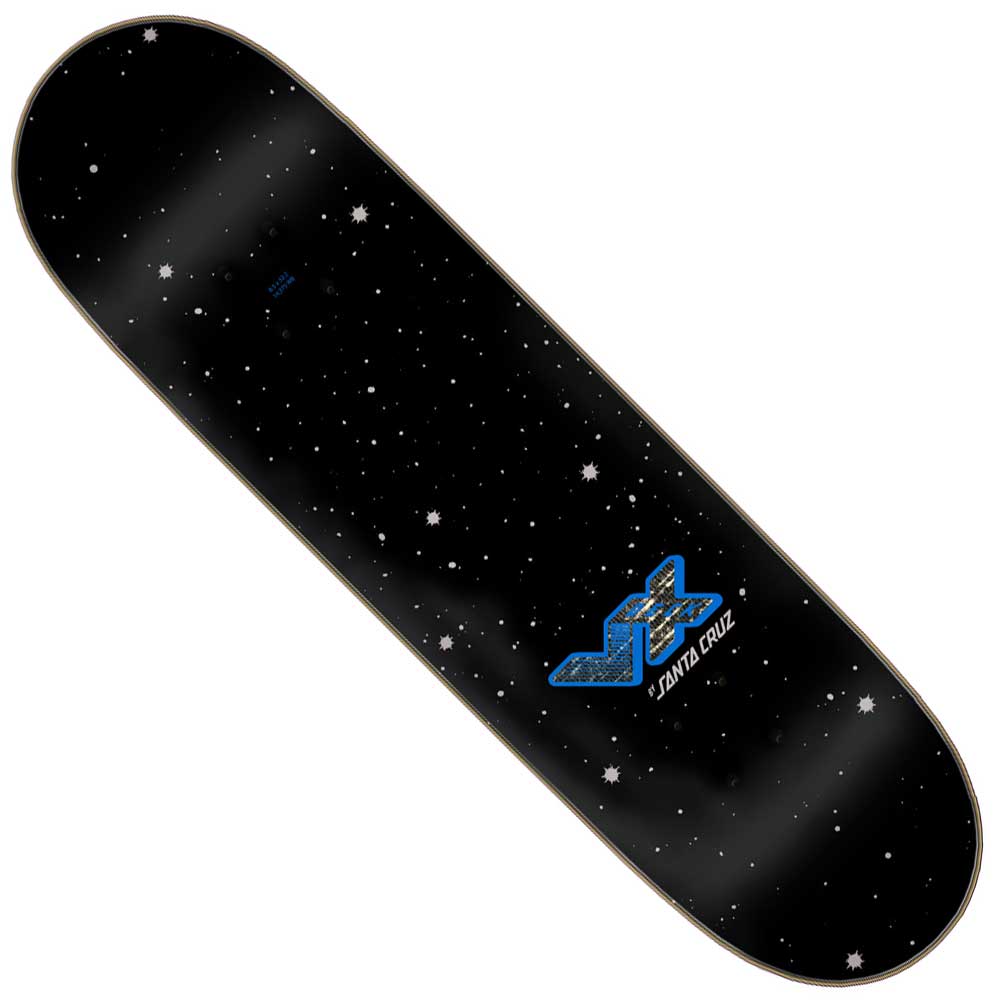 The Wooten Part Two VX Deck 8.5in x 32.2in Santa Cruz skateboard deck features a black night sky design with white stars and a blue Santa Cruz logo with a stylized bird near the bottom center.