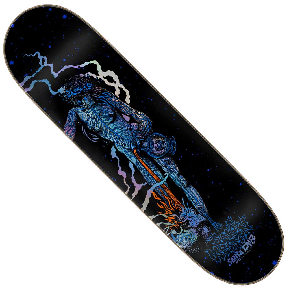 The Wooten Part Two VX Deck 8.5in x 32.2in from Santa Cruz features a vivid mythological figure with a sword, surrounded by lightning and cosmic motifs, set against a black starry background.