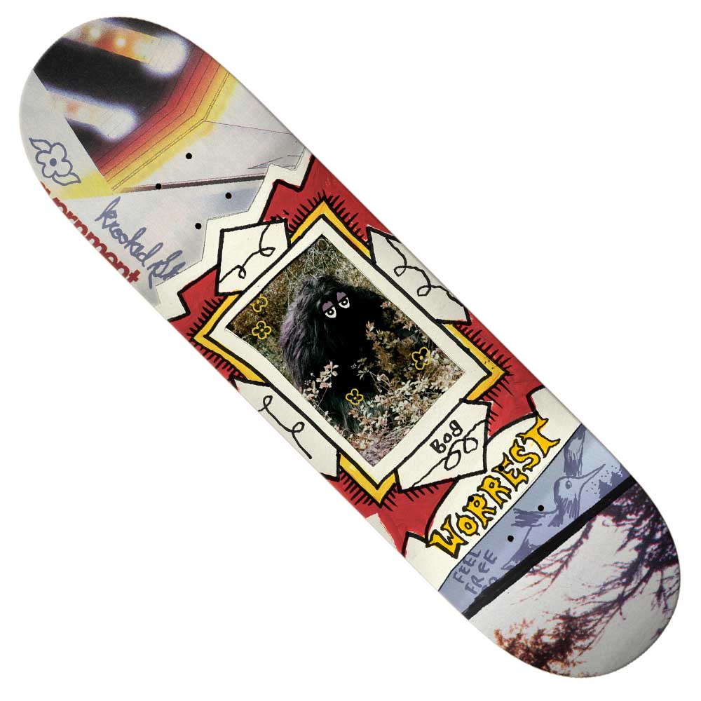 The Worrest Bigfoot 8.75 Twin Tail Krooked Skateboards Deck showcases colorful geometric shapes, doodles, a plant-surrounded furry creature photo, yellow WORKERS on red, handwritten signatures, and drawings inspired by the Worrest Bigfoot series.