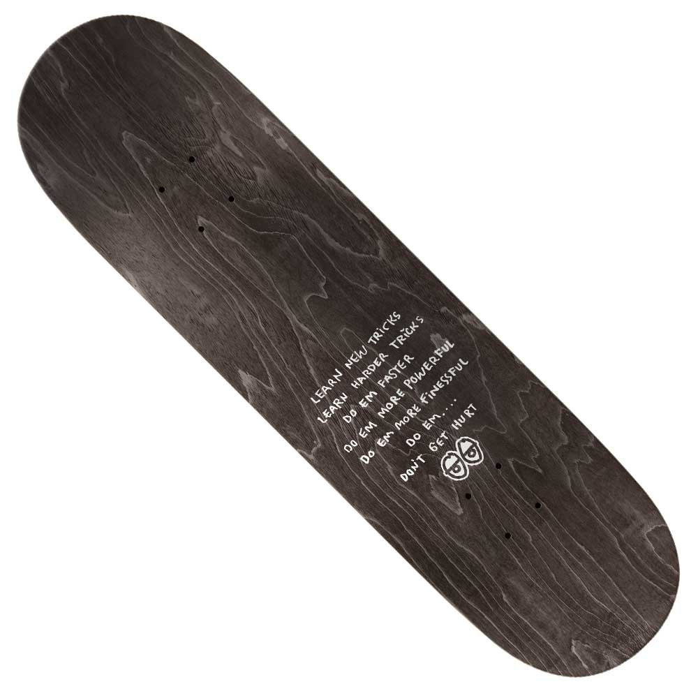 The Worrest Bigfoot 8.75 Twin Tail Krooked Skateboards Deck is black, with white handwritten tips like “LEARN NEW TRICKS,” “DO WHAT MAKES YOU HAPPY,” and two smiley faces, inspired by the original Worrest Bigfoot design.