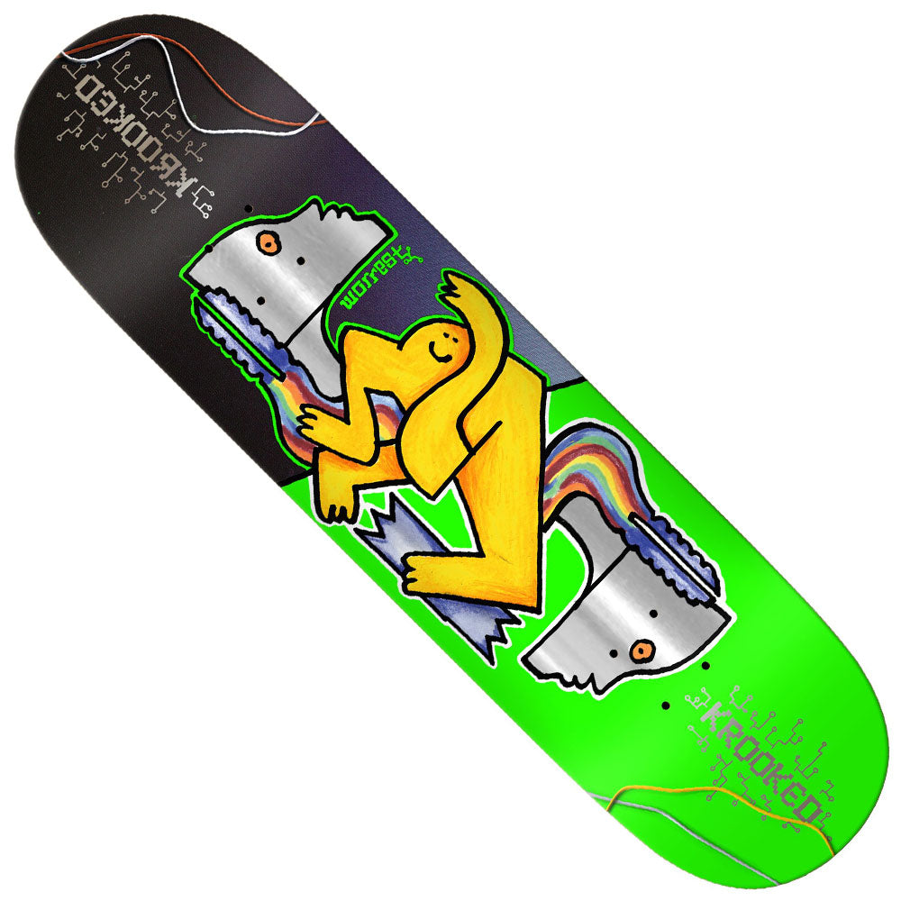 The Worrest Neon Rob SLICK 8.38x31.9 Krooked Skateboards Deck showcases a colorful abstract graphic with a yellow figure embracing a blue and silver object, set against green and black accents, along with stylized text at both ends—reflecting the vibrant style of the Worrest Neon Rob series.