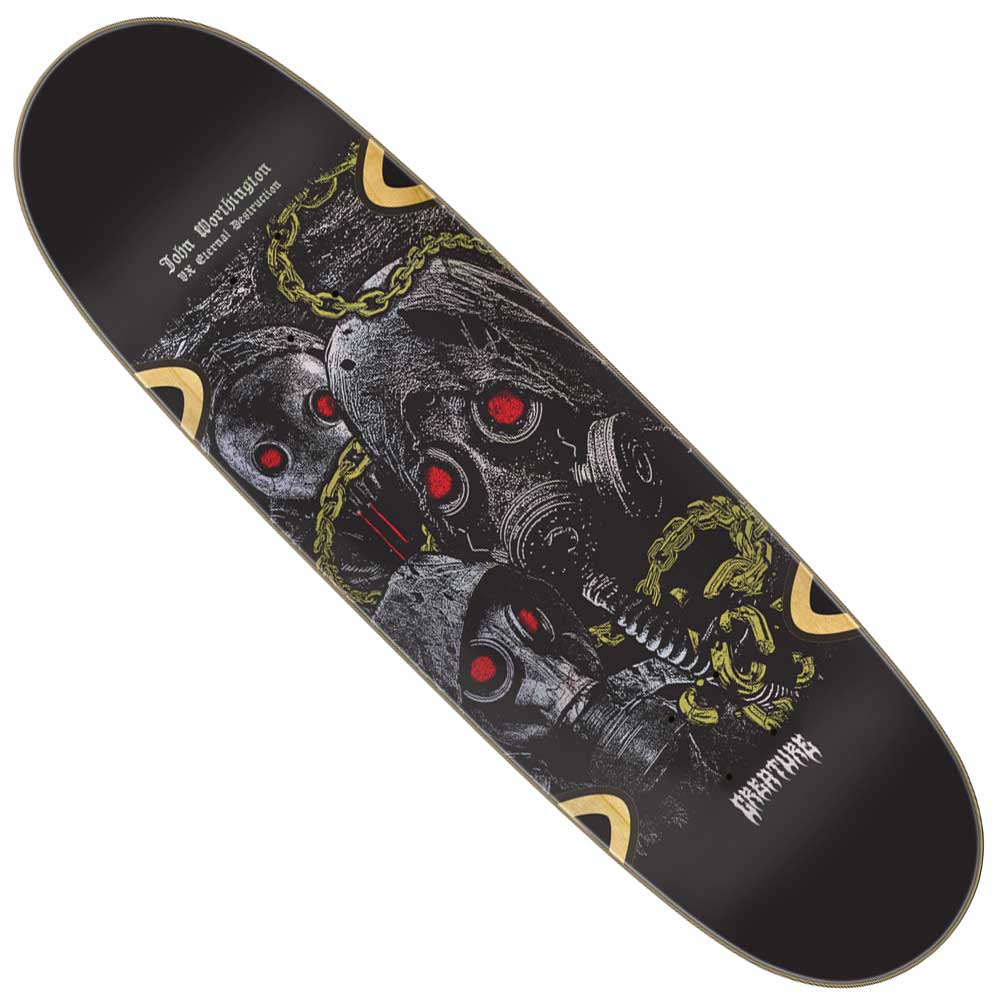 The Worthington Mortem VX Deck 9in x 32in Creature Skateboard features three gas-masked figures with glowing red eyes amid gold chains and symbols. Built with VX Eternal Destruction tech, Silas Baxter-Neal's name appears on the upper left.