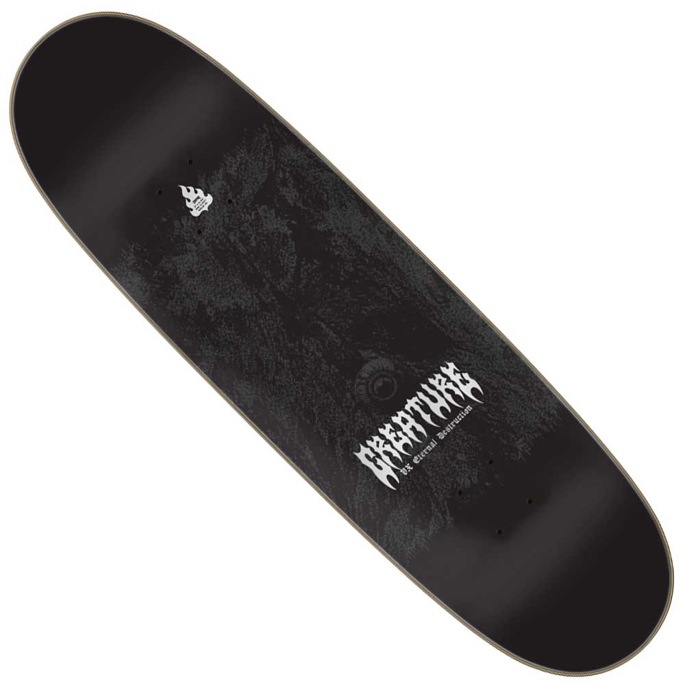 The Worthington Mortem VX Deck 9in x 32in Creature Skateboard Shaped Deck features a sleek black design with bold white "CREATURE" lettering, a small white flame logo, and durable VX Eternal Destruction construction.