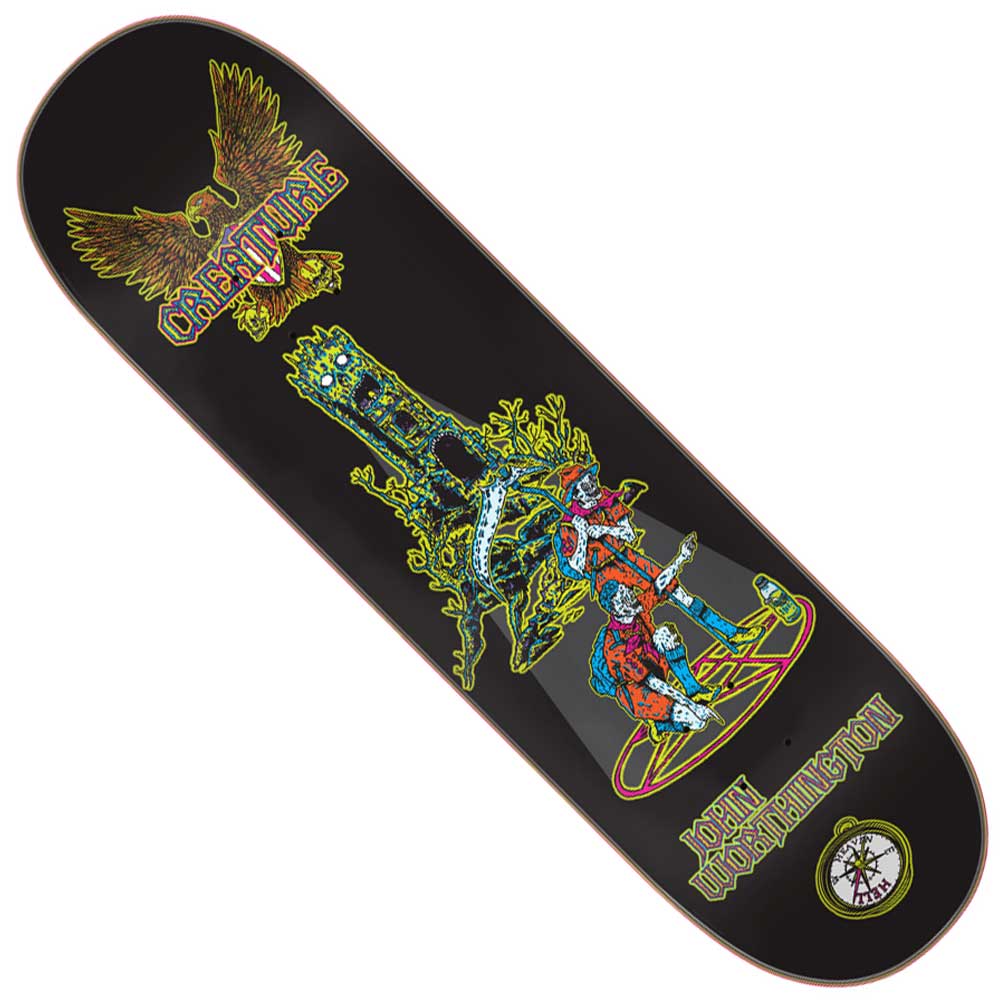 The Worthington Scout VX Deck 8.6in x 32.11in from Creature Decks showcases a black deck with vibrant neon yellow, blue, and red artwork featuring a knight seated on a throne, an eagle above with Creature text, and John Gardner’s name displayed at the bottom.