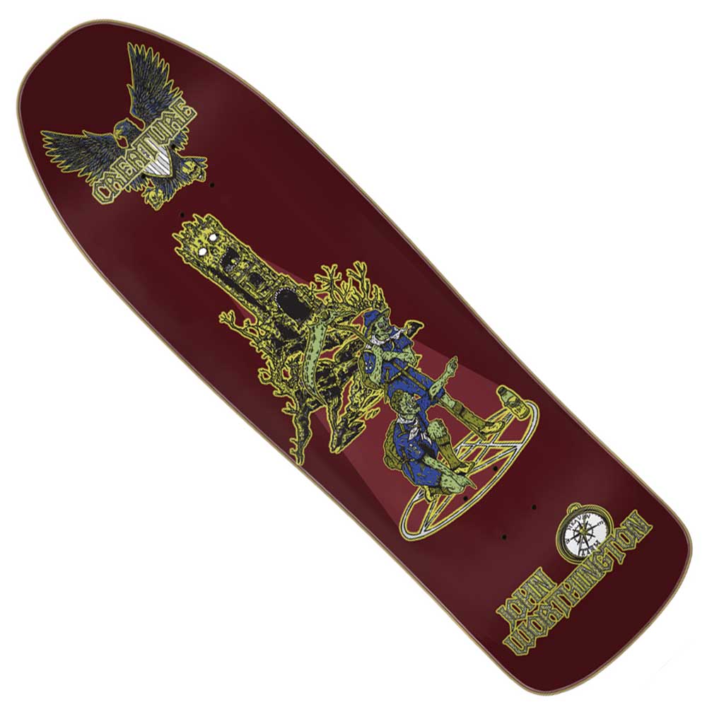 The Worthington Scout VX Deck 9.34in x 31.65in from Creature Decks features a maroon base with gold and blue artwork depicting a throne, skeleton, lizard, and eagle. Built with advanced VX TRI-X technology for superior durability and performance, this skateboard deck displays “Old School” near the top and “John Lucero X Schmitt Stix” near the bottom.