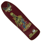 The Worthington Scout VX Deck 9.34in x 31.65in from Creature Decks features a maroon base with gold and blue artwork depicting a throne, skeleton, lizard, and eagle. Built with advanced VX TRI-X technology for superior durability and performance, this skateboard deck displays “Old School” near the top and “John Lucero X Schmitt Stix” near the bottom.
