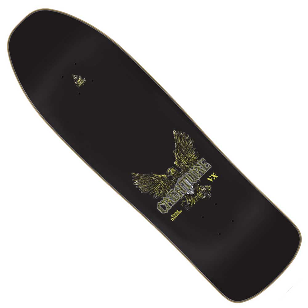The Worthington Scout VX Deck 9.34in x 31.65in from Creature Decks showcases a bold yellow eagle graphic with the word CREATURE beneath it, and features a wide, old-school shape with a pointed nose and squared tail. Constructed with advanced VX TRI-X technology, this deck delivers superior strength and performance.