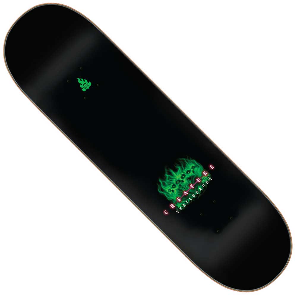 The Worthington Terror Sight Pro 8.75in x 32.15in Creature Skateboard Deck is black with a green flaming graphic at the tail, a small green flame at the nose, and bold pink and green text.