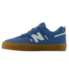 Introducing the YOUTH Jamie Foy Cup 306 CAR New Balance Numeric Suede Skateboarding Shoes—durable blue suede skate shoes featuring white accents, a white “N” logo on the side, and a brown rubber sole. Shown in side profile on a white background, they’re perfect for fans of Jamie Foy or anyone seeking quality youth skate footwear.