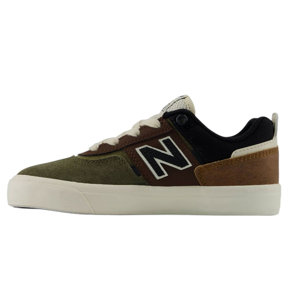 Side view of the YOUTH Jamie Foy Cup 306 TWY New Balance Numeric Suede Skateboarding Shoe featuring olive, brown, and black suede panels, a white and black N logo, beige laces, and a white sole—an ideal kids’ skate shoe inspired by Jamie Foy’s signature style.