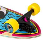 Close-up of a Yin Yang Dot 9.2in x 33in Pintail Cruzer Santa Cruz rear end, featuring bright yellow Slime Balls wheels with the Santa Cruz logo, a black truck, and a colorful deck with blue, pink, and yellow patterns.