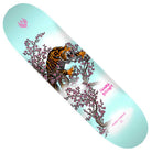 The Yosozumi Tiger Pro Flight Deck 8.25x31.8 by Powell Peralta features a light blue background with a tiger climbing through pink flowered branches, plus stylized pink and purple text and logos.
