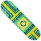 The Yuri Facchini Estilo 8.25x32 Deathwish Deck features bold Brazilian flag-inspired yellow, green, and blue geometric diamond patterns with a striking central circle, blending standout style and performance for skaters.