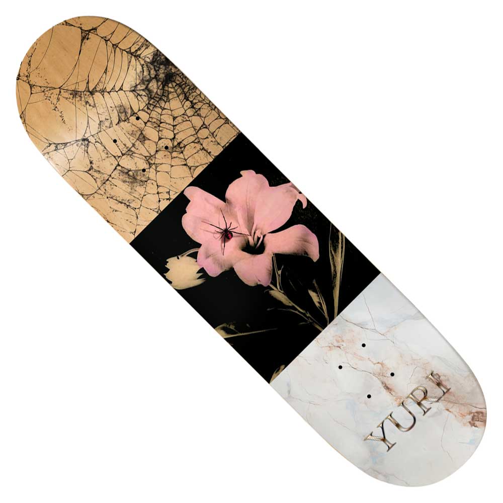 Introducing the Yuri Facchini Memorial 8.12 Deathwish Skateboards Deck—a striking deck showcasing a tan spider web, bold black panel with a pink flower, and an eye-catching white marble section marked with “YUP!” in gray. Created in collaboration with pro skater Yuri Facchini, this deck delivers standout artistry and performance for serious skateboarders.