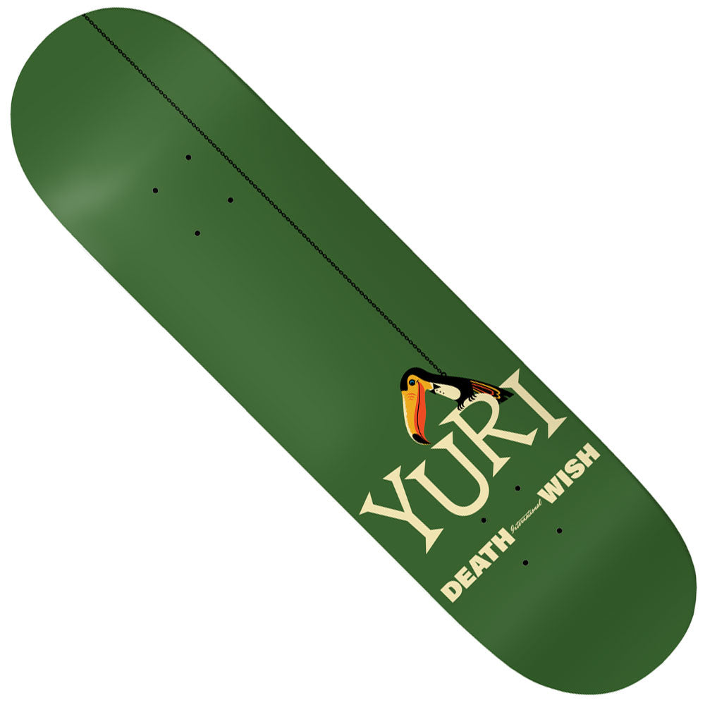 The Yuri Facchini Tropipop 8.25x31.5 Deathwish Deck features bold cream YURI lettering, a toucan on the U, and smaller DEATHWISH below—an ideal skateboard deck for fans of Yuri Facchini.