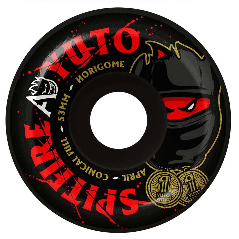 Yuto Horigome April 53mm99A Spitfire Wheels Skateboard features a black wheel with red and gold accents, showcasing a masked character with red eyes, gold medals, and the words "Yuto Horigome," "Spitfire Wheels," "53mm," and "April" in bold lettering—designed in the Conical Full shape for top-tier performance and standout style.