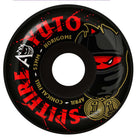 Yuto Horigome April 53mm99A Spitfire Wheels Skateboard features a black wheel with red and gold accents, showcasing a masked character with red eyes, gold medals, and the words "Yuto Horigome," "Spitfire Wheels," "53mm," and "April" in bold lettering—designed in the Conical Full shape for top-tier performance and standout style.