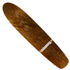 Brown wooden Ziiiiiiiiiiinger 7.7x35.75 Shaped Krooked Skateboards Deck with a natural wood grain finish, featuring a white checkerboard stripe and the word PLUMMER in bold white letters. This model offers a 19.23 inch wheelbase for stable rides and comes without grip tape or hardware attached.