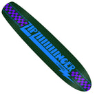 A green Ziiiiiiiiiiinger 7.7x35.75 Shaped Krooked Skateboards Deck featuring blue zigzag stripes, purple checker patterns on both ends, and “Zippinger by Kryptonics” bolded in blue letters across the middle. This deck provides a 19.23-inch wheelbase for stability and style.