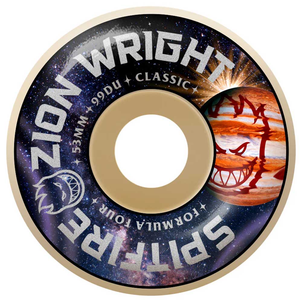 The Zion Cosmic 53mm99A Classic Formula Four Spitfire Wheels feature a galaxy background, Zion Wright’s name, a flaming head graphic, and bold white text circling the Spitfire Wheels.