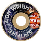 The Zion Cosmic 53mm99A Classic Formula Four Spitfire Wheels feature a galaxy background, Zion Wright’s name, a flaming head graphic, and bold white text circling the Spitfire Wheels.