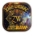 A square tin featuring ornate gold lettering with “Zion Wright,” “ZW,” “Bronson Speed Co. Six Ball,” and “RAW” against a space-themed background, containing Zion Wright Pro 6 Ball RAW Bronson Speed Co. Skateboard Bearings—premium shield-free bearings engineered for high-speed skateboard performance.