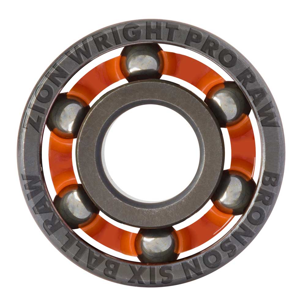 A metal ball bearing with orange spacers and engraved text on the outer ring reading “ZION WRIGHT PRO RAW BRONSON SIX BALL RAW,” these shield-free bearings are part of the Zion Wright Pro 6 Ball RAW Bronson Speed Co. Skateboard Bearings lineup, designed for high-speed skateboard performance.