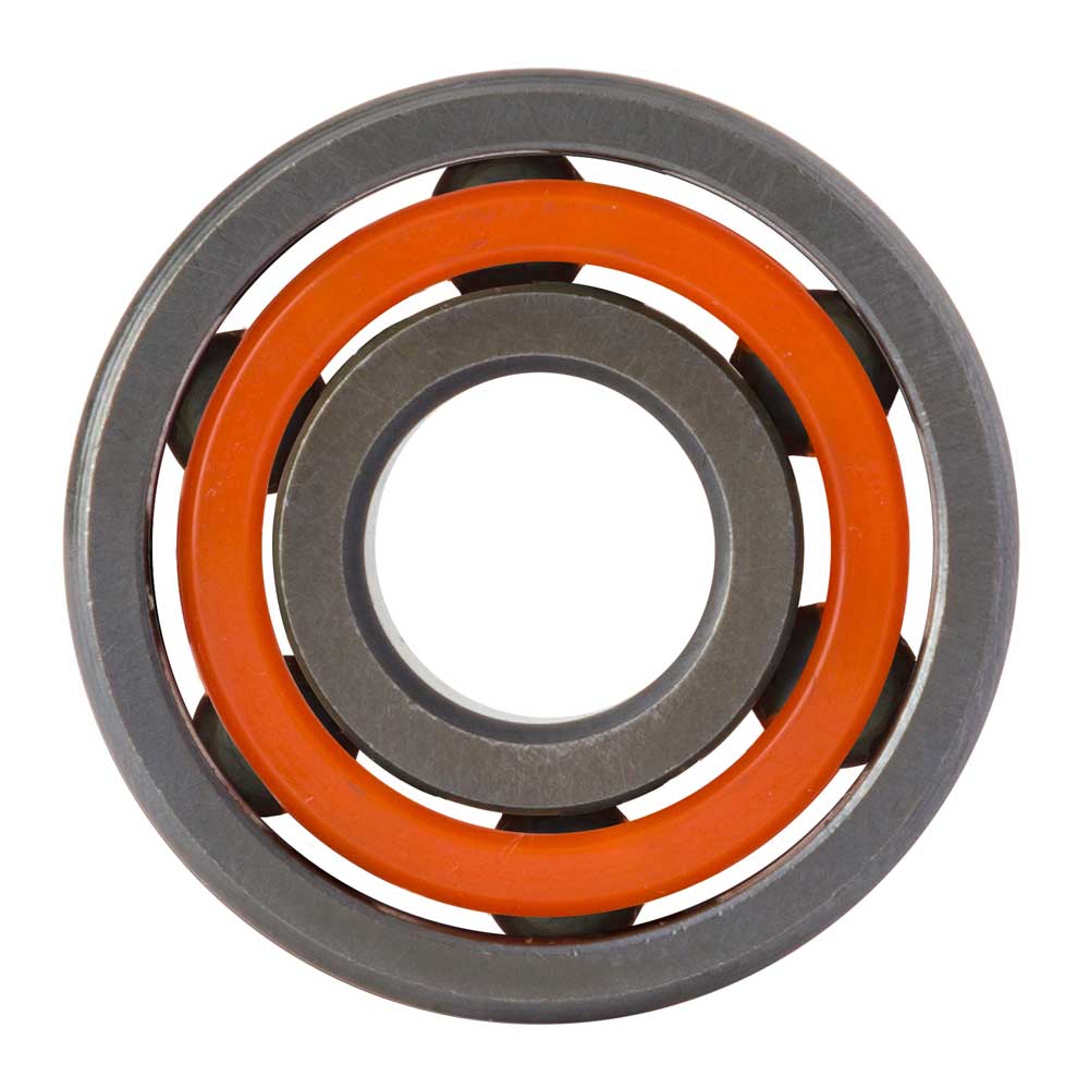 Close-up of a shield-free Zion Wright Pro 6 Ball RAW Bronson Speed Co. Skateboard Bearing, featuring an orange inner ring and gray outer rings. The image highlights its circular shape and exposed internal structure against a white background, emphasizing details ideal for high-speed skateboard performance.