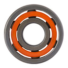 Close-up of a shield-free Zion Wright Pro 6 Ball RAW Bronson Speed Co. Skateboard Bearing, featuring an orange inner ring and gray outer rings. The image highlights its circular shape and exposed internal structure against a white background, emphasizing details ideal for high-speed skateboard performance.