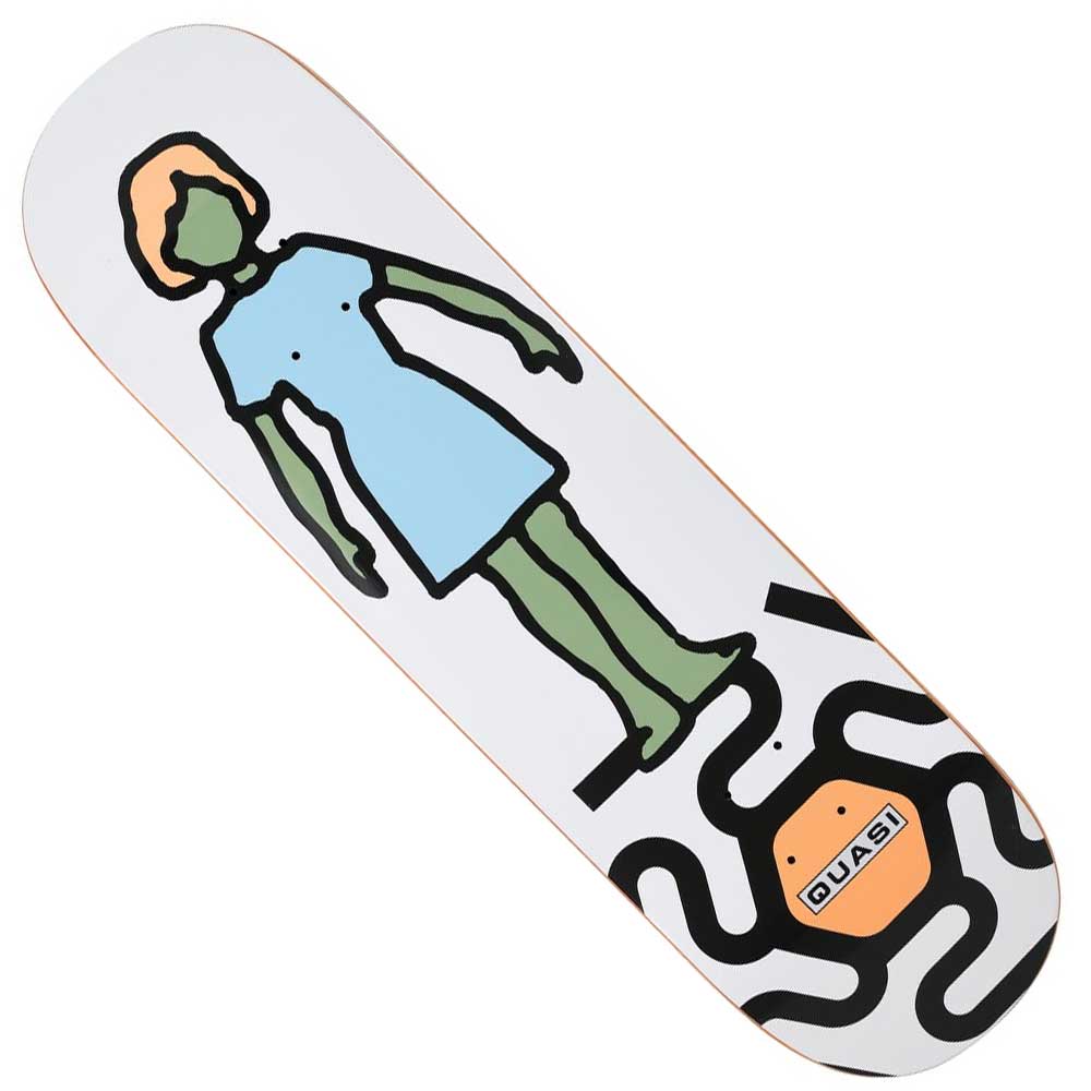The Zoetrope 8.5x32.12 Quasi Skateboards Deck Multicolor features a cartoon-style green figure in a blue dress above an abstract black squiggle with an orange QUASI logo on a white background.