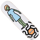 The Zoetrope 8.5x32.12 Quasi Skateboards Deck Multicolor features a cartoon-style green figure in a blue dress above an abstract black squiggle with an orange QUASI logo on a white background.