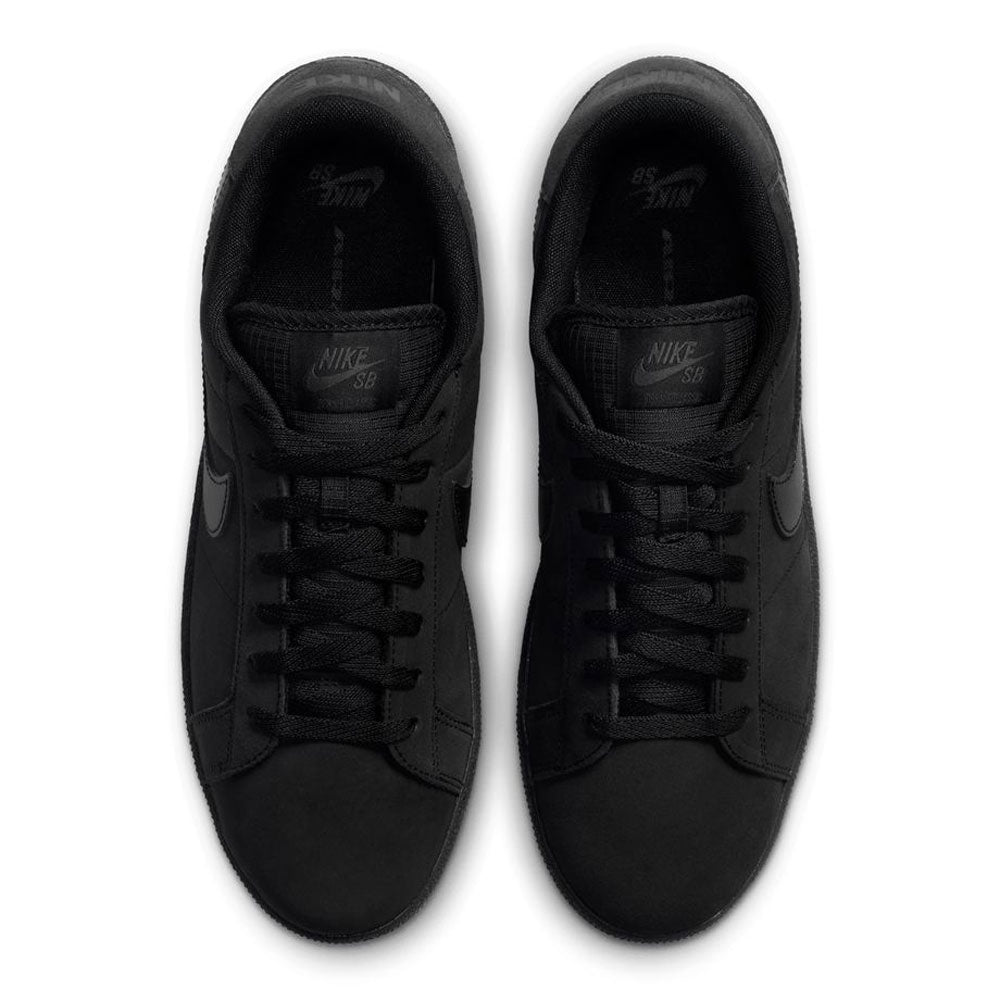 A top-down view of black Zoom Tennis Classic HF7386003 Black Black Suede Nike SB Skateboarding Shoes, a pair of tennis-inspired low-top sneakers.