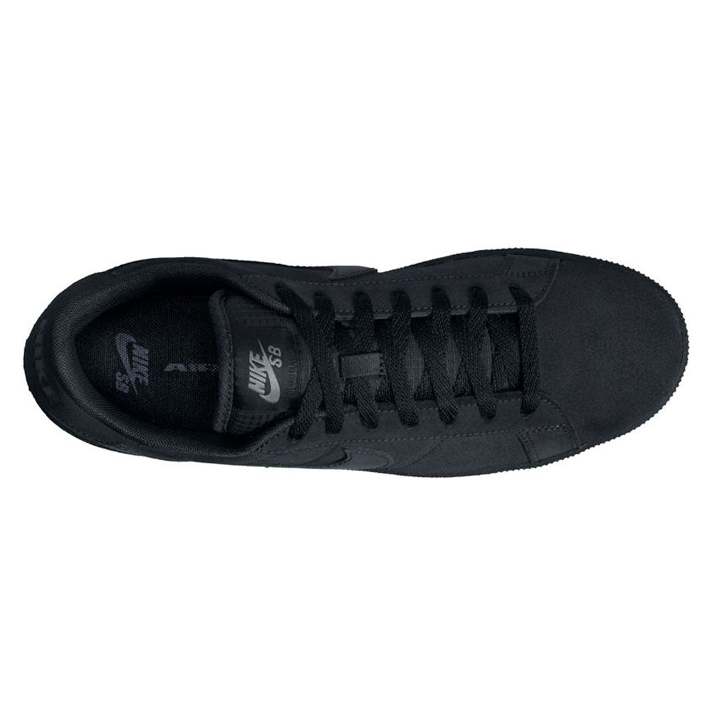 Top-down view of a black suede Zoom Tennis Classic HF7386003 Black Black Suede Nike SB Skateboarding Shoes low-top skate shoe with black laces and Zoom Air cushioning.