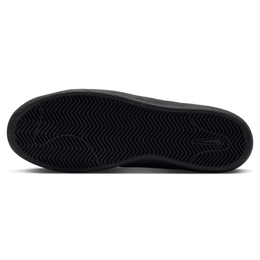 Zoom Tennis Classic HF7386003 Black Black Suede Nike SB Skateboarding Shoes featuring a black leather sneaker sole with a herringbone traction pattern, Zoom Air cushioning, and a swoosh logo near the heel.