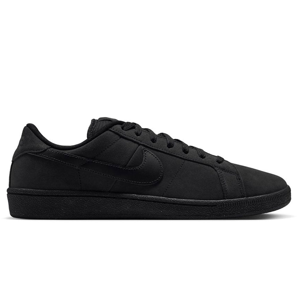 Zoom Tennis Classic HF7386003 Black Black Suede Nike SB Skateboarding Shoes featuring a black leather low-top design with a textured sole, side swoosh, and Zoom Air cushioning.