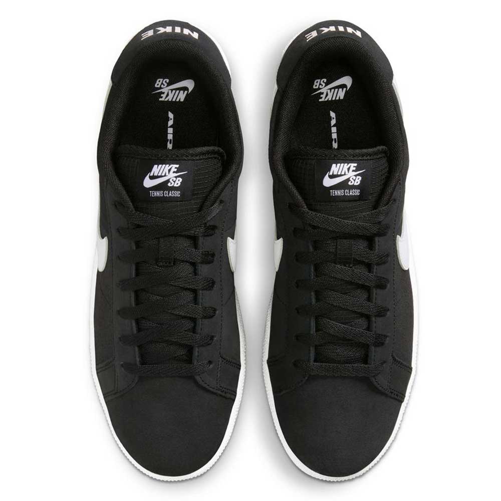 Top view of the Nike SB Zoom Tennis Classic HF7386004 Black White Suede skateboarding shoes, featuring white swooshes and soles; "Nike" and "SB Tennis Classic" appear on each tongue.