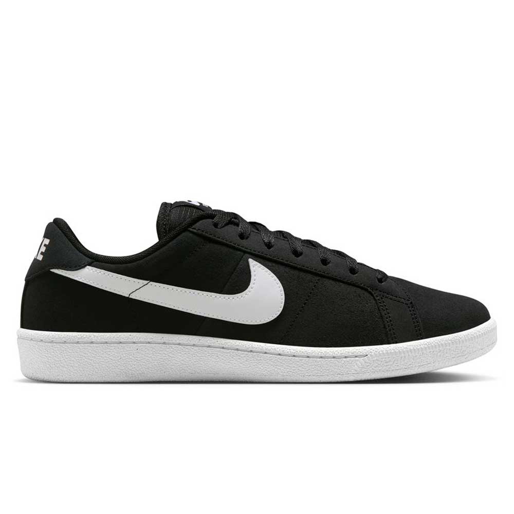 The Zoom Tennis Classic HF7386004 Black White Suede Nike SB Skateboarding shoe features a black suede upper, a large white Swoosh logo, and a white sole, shown in side profile on a plain white background.