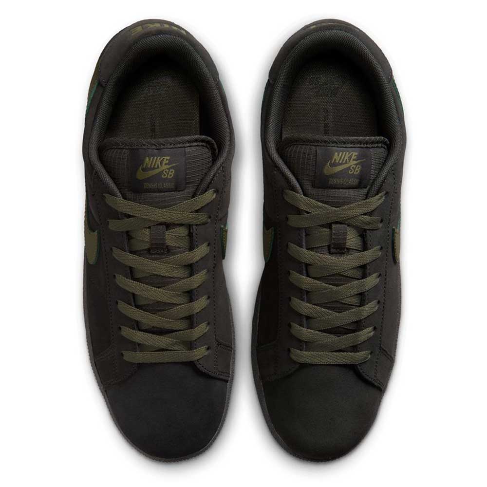 Top view of Zoom Tennis Classic HF7386200 Deep Pewter/Medium Olive Suede Nike SB Skateboarding shoes with flat laces, suede uppers, yellow Nike SB tongue branding, and cushioned insole; shoes placed side by side facing upward.